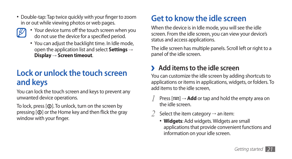 Lock or unlock the touch screen and keys, Get to know the idle screen, Add items to the idle screen | Samsung YP-G1CW-XAA User Manual | Page 22 / 115