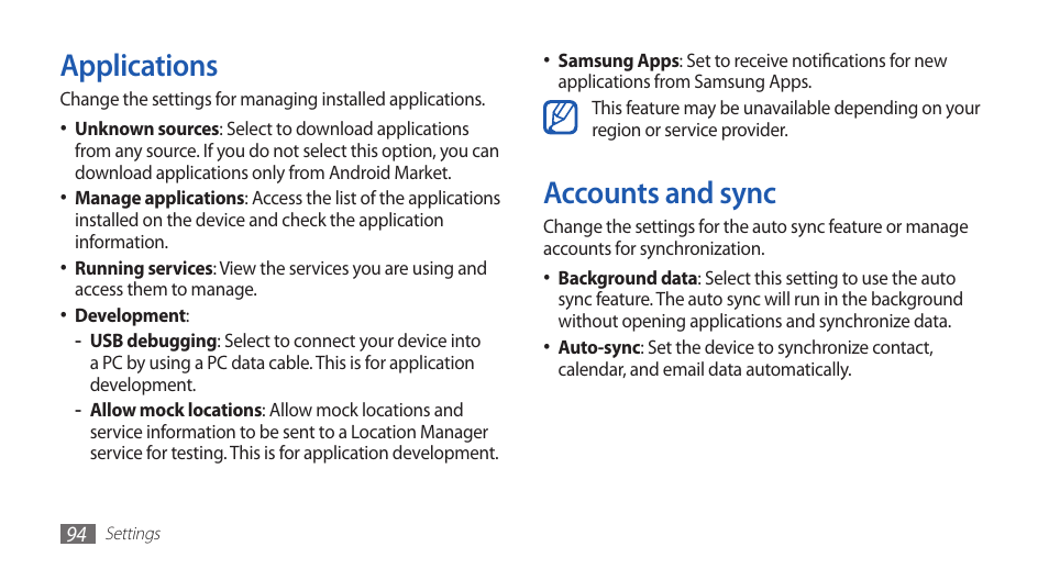 Applications, Accounts and sync, Applications accounts and sync | Samsung YP-G1CW-XAA User Manual | Page 95 / 115