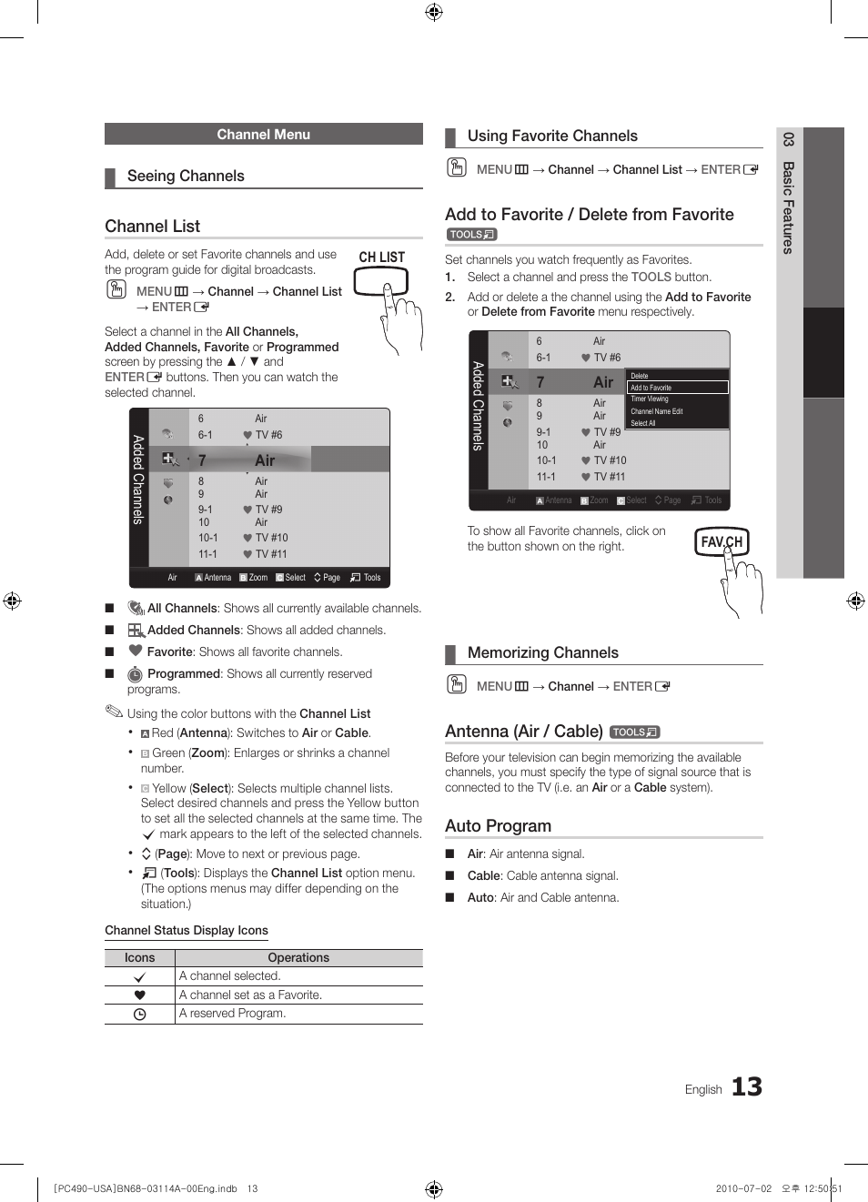 Channel menu, Seeing channels, Using favorite channels | Memorizing channels, Channel list, Add to favorite / delete from favorite, Antenna (air / cable), Auto program | Samsung PN50C490B3DXZA User Manual | Page 13 / 46