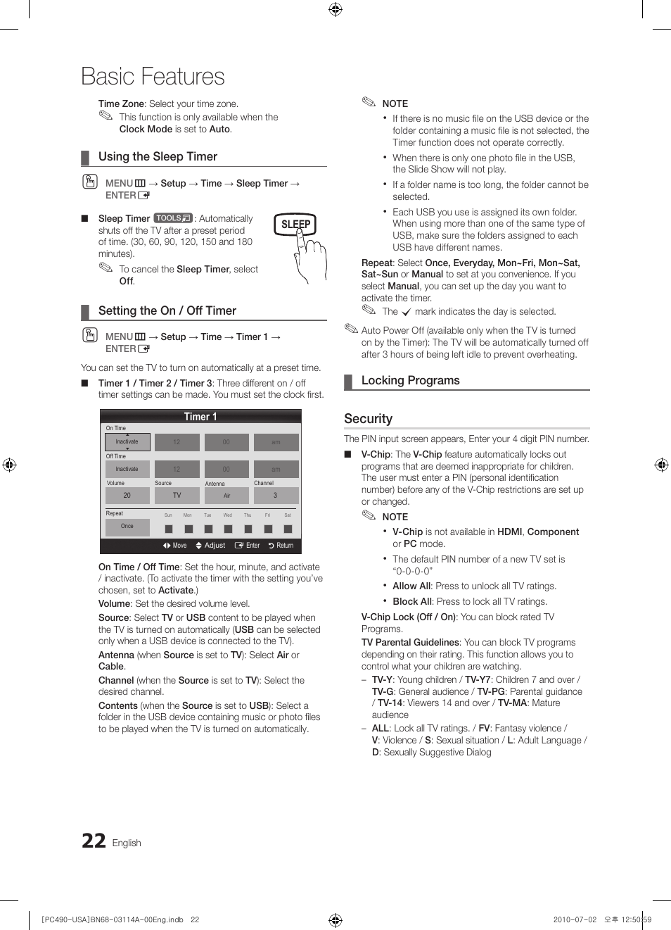 Using the sleep timer, Setting the on / off timer, Locking programs | Basic features, Security | Samsung PN50C490B3DXZA User Manual | Page 22 / 46