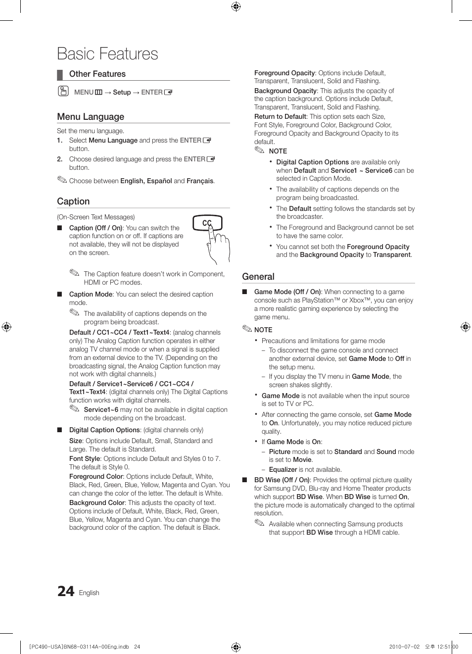 Other features, Basic features | Samsung PN50C490B3DXZA User Manual | Page 24 / 46