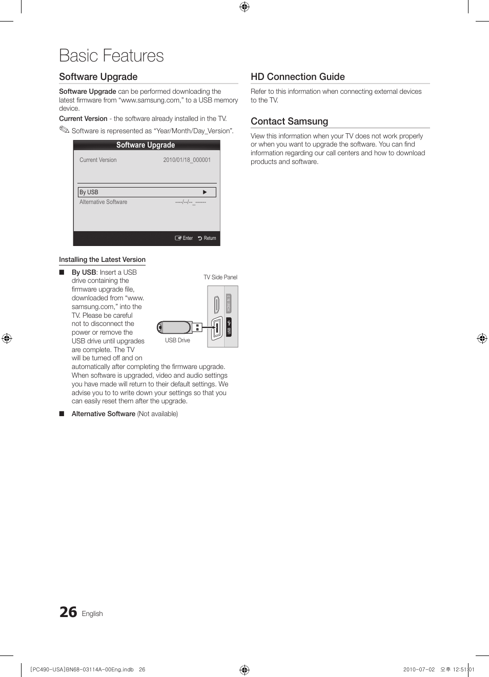 Basic features, Software upgrade, Hd connection guide | Contact samsung | Samsung PN50C490B3DXZA User Manual | Page 26 / 46