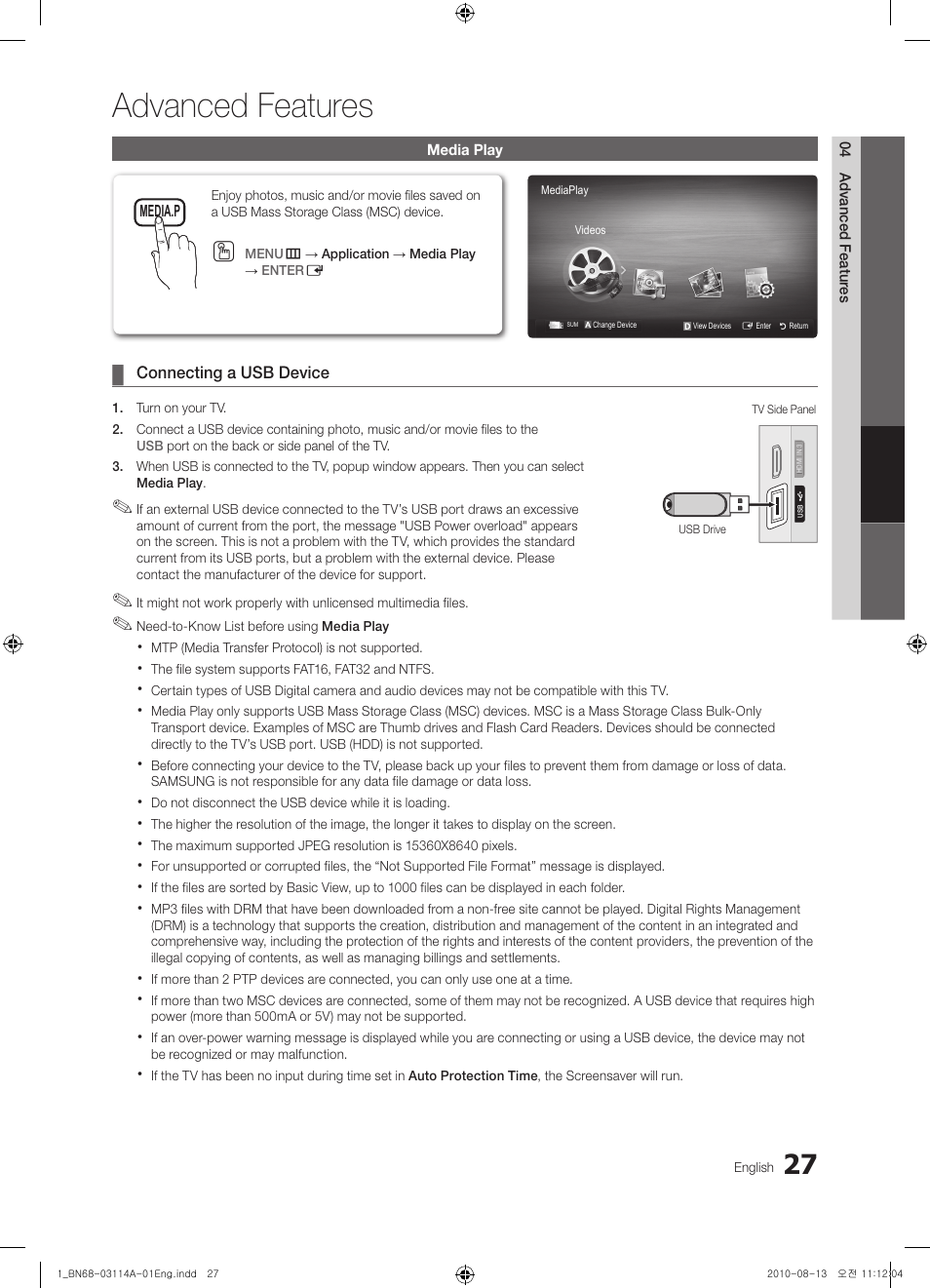 Advanced features, Media play, Connecting a usb device | Samsung PN50C490B3DXZA User Manual | Page 27 / 46