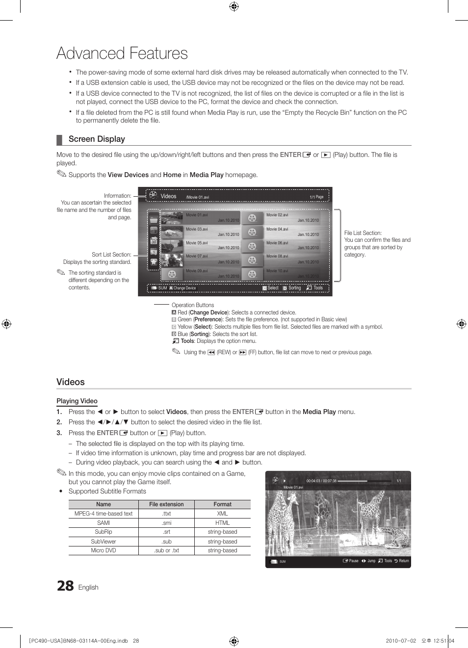 Screen display, Advanced features, Videos | Samsung PN50C490B3DXZA User Manual | Page 28 / 46