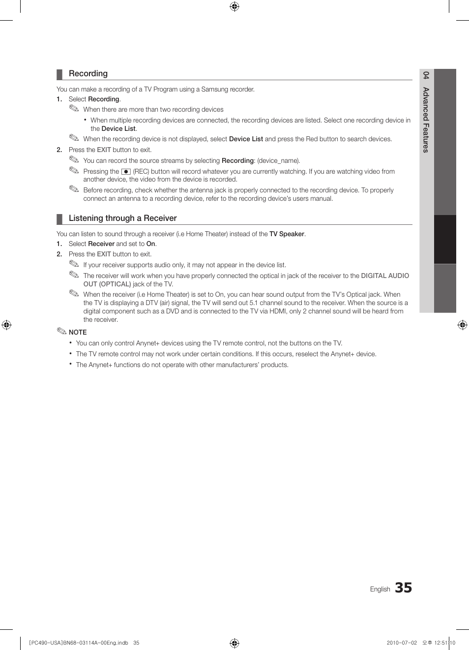 Recording, Listening through a receiver | Samsung PN50C490B3DXZA User Manual | Page 35 / 46