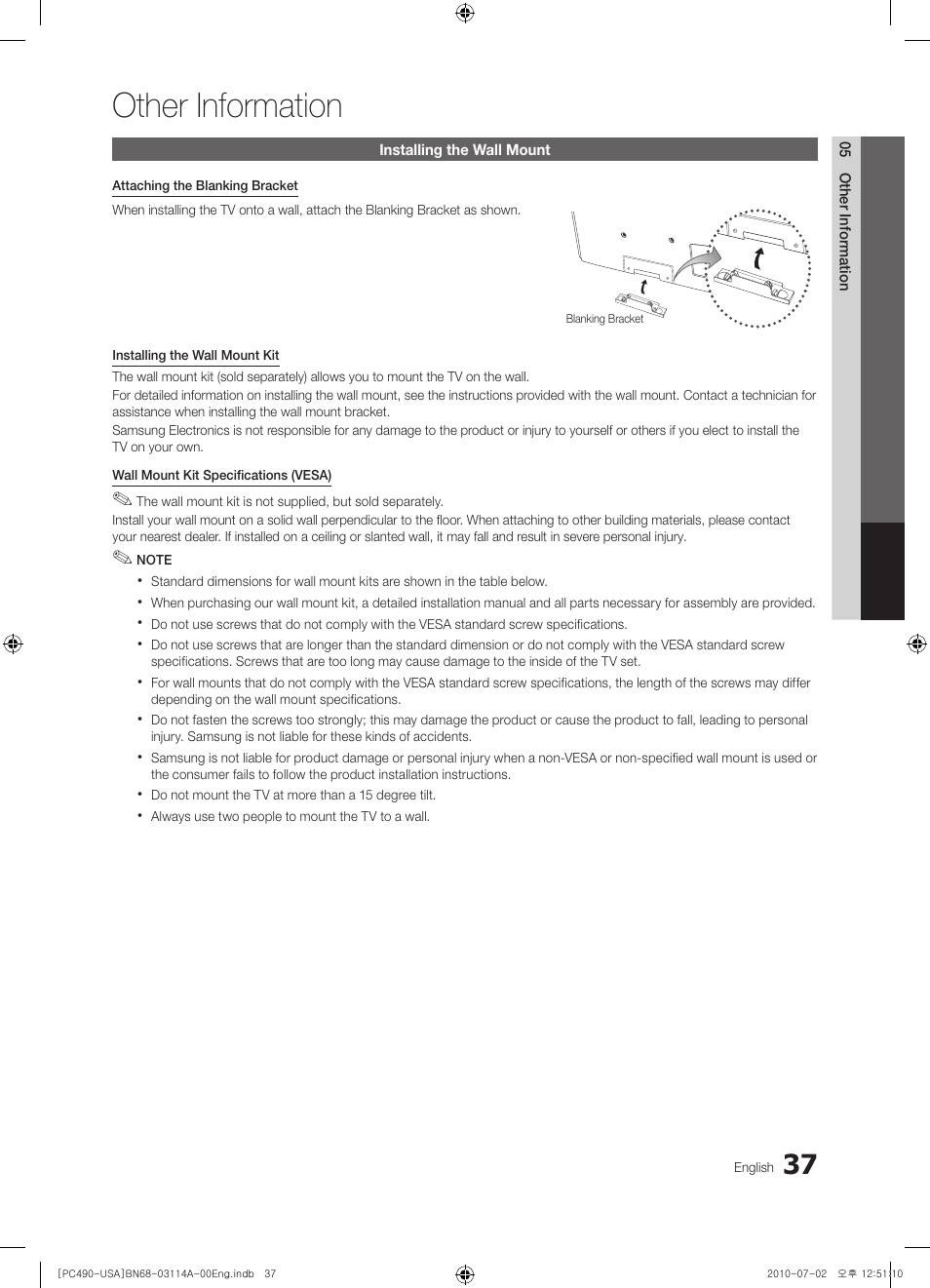 Other information, Installing the wall mount | Samsung PN50C490B3DXZA User Manual | Page 37 / 46