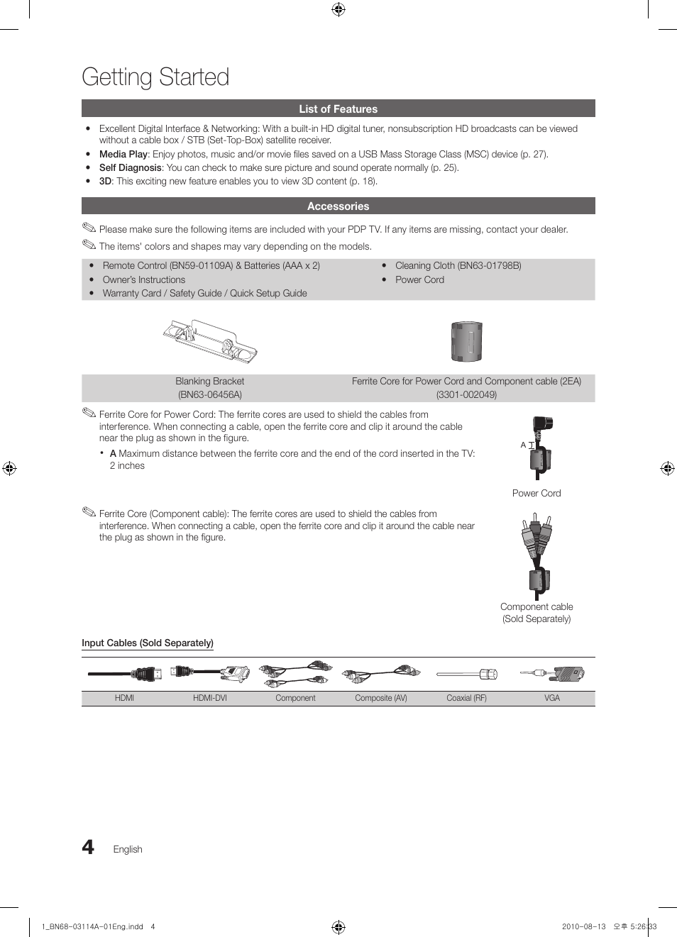 Getting started, List of features, Accessories | Samsung PN50C490B3DXZA User Manual | Page 4 / 46