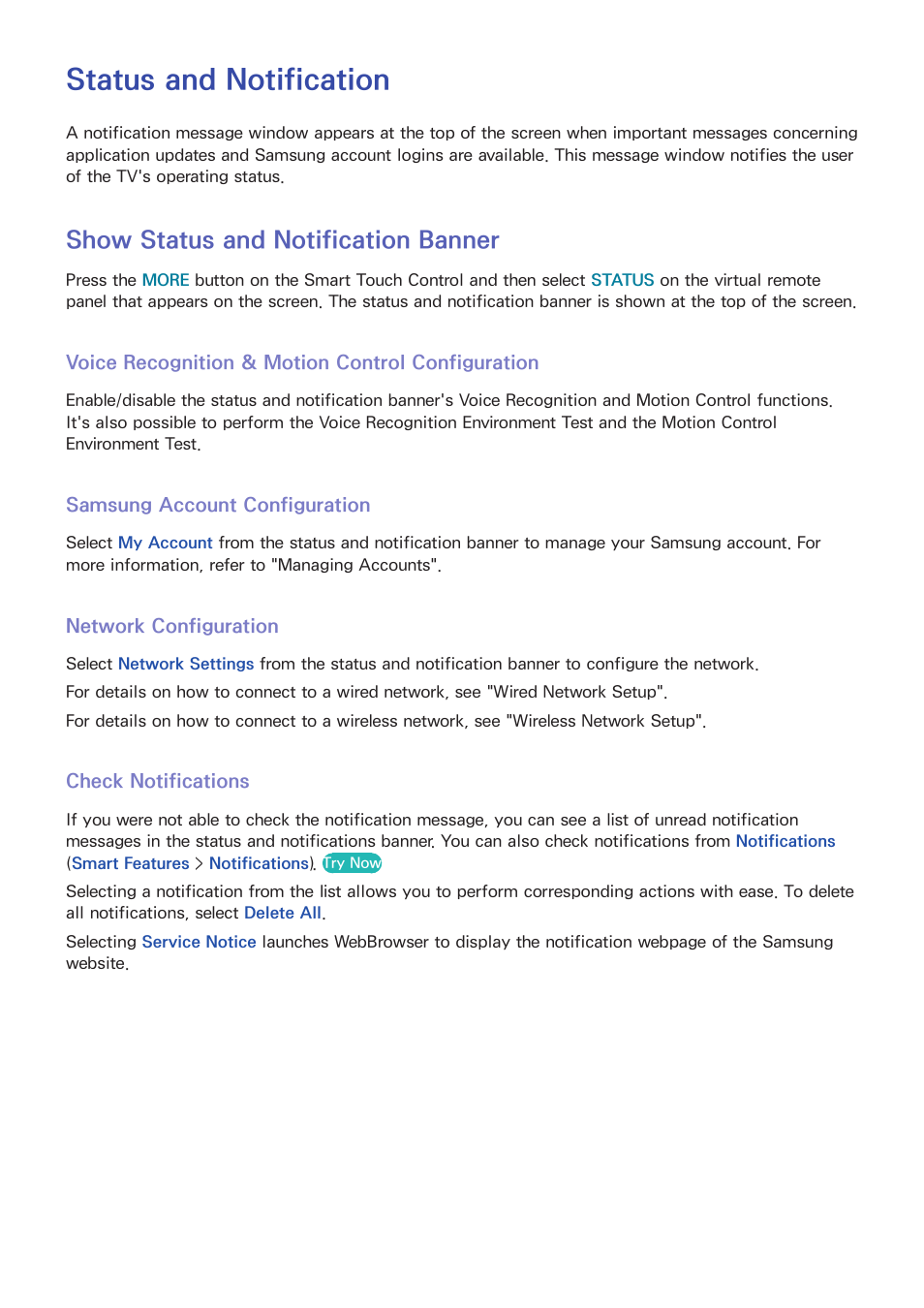 Status and notification, 106 show status and notification banner, 106 samsung account configuration | 106 network configuration, 106 check notifications, Show status and notification banner | Samsung KN55S9CAFXZA User Manual | Page 113 / 172