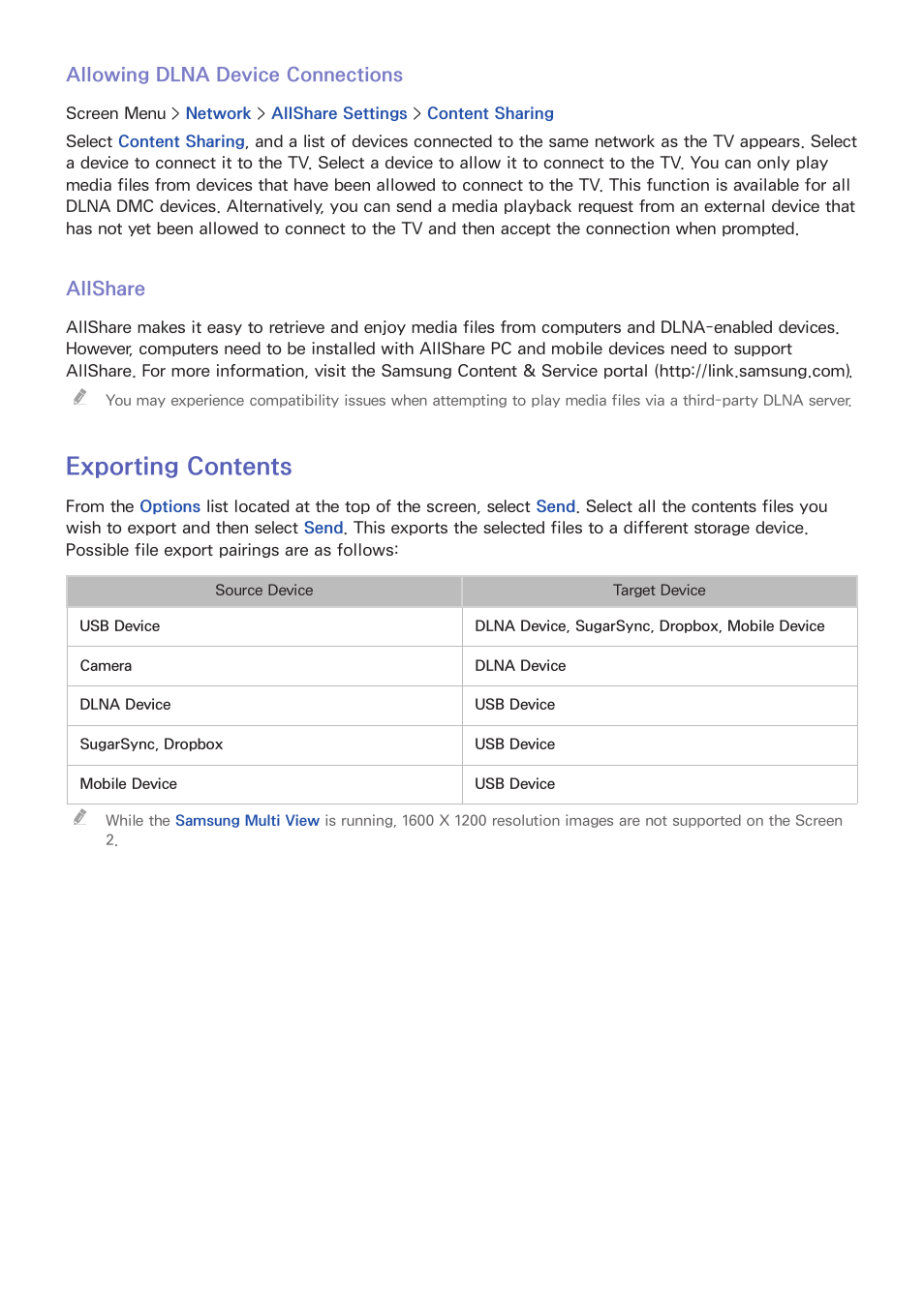 125 allowing dlna device connections, 125 allshare, 125 exporting contents | Exporting contents | Samsung KN55S9CAFXZA User Manual | Page 132 / 172