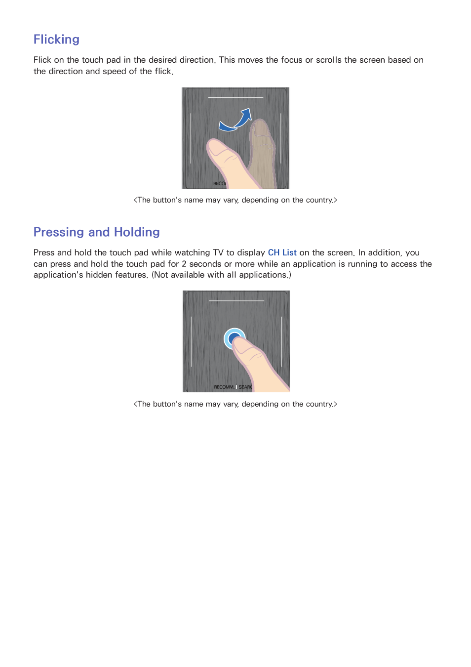 39 flicking, 39 pressing and holding, Flicking | Pressing and holding | Samsung KN55S9CAFXZA User Manual | Page 46 / 172