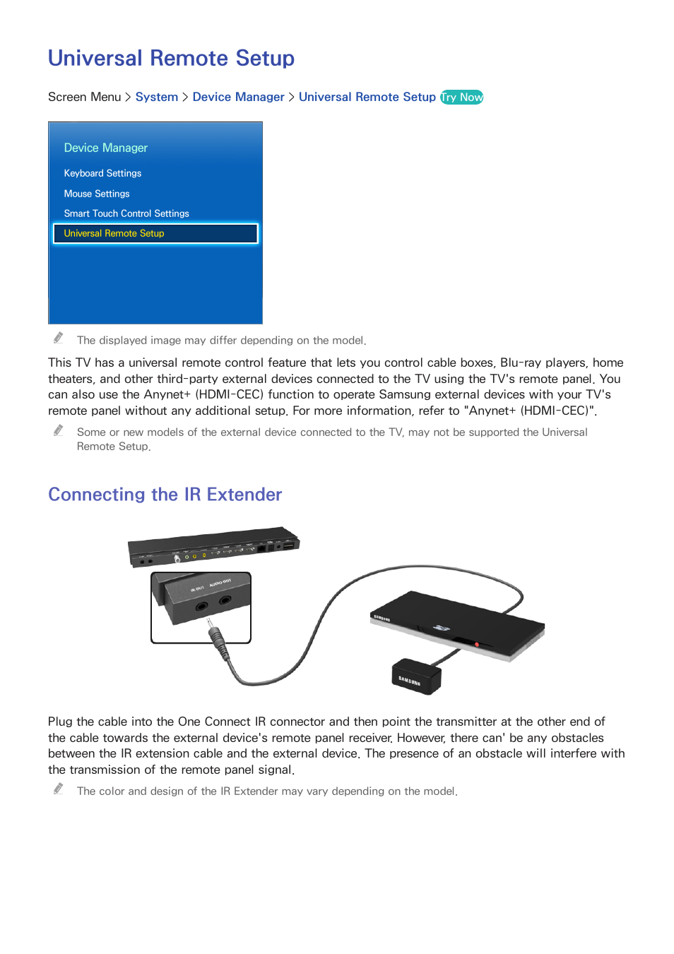Universal remote setup, 44 connecting the ir extender, Connecting the ir extender | Samsung KN55S9CAFXZA User Manual | Page 51 / 172
