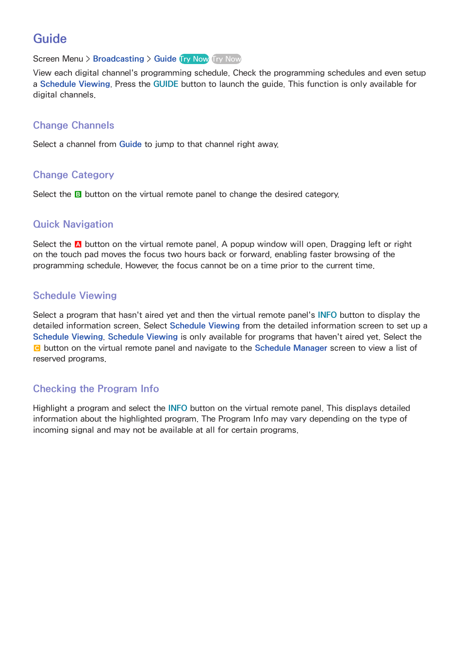 65 guide, Change channels, Change category | Quick navigation, Schedule viewing, Checking the program info, Guide | Samsung KN55S9CAFXZA User Manual | Page 72 / 172