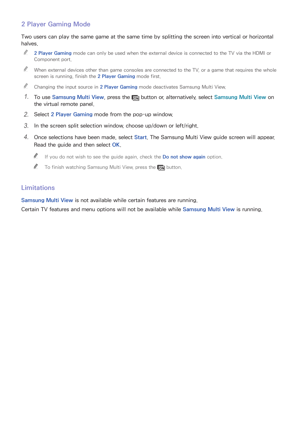 2 player gaming mode, 73 limitations | Samsung KN55S9CAFXZA User Manual | Page 80 / 172