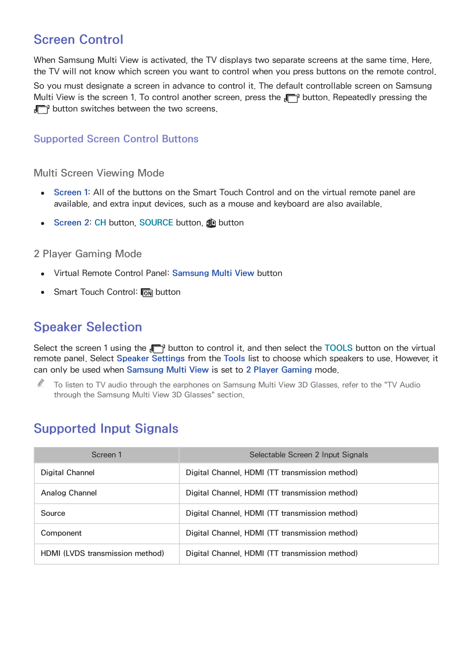 74 screen control, Supported screen control buttons, 74 speaker selection | 74 supported input signals, Screen control, Speaker selection, Supported input signals | Samsung KN55S9CAFXZA User Manual | Page 81 / 172
