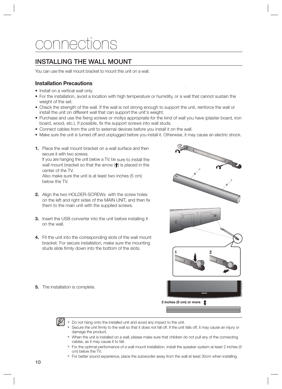 Connections, Installing the wall mount | Samsung HW-F551-ZA User Manual | Page 10 / 26