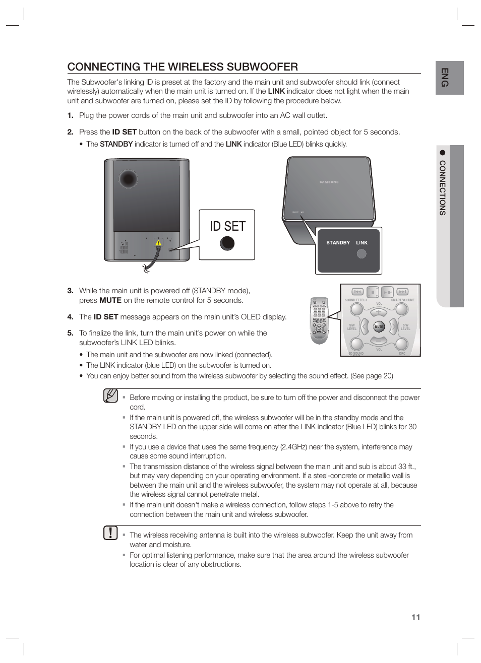 Connecting the wireless subwoofer | Samsung HW-F551-ZA User Manual | Page 11 / 26