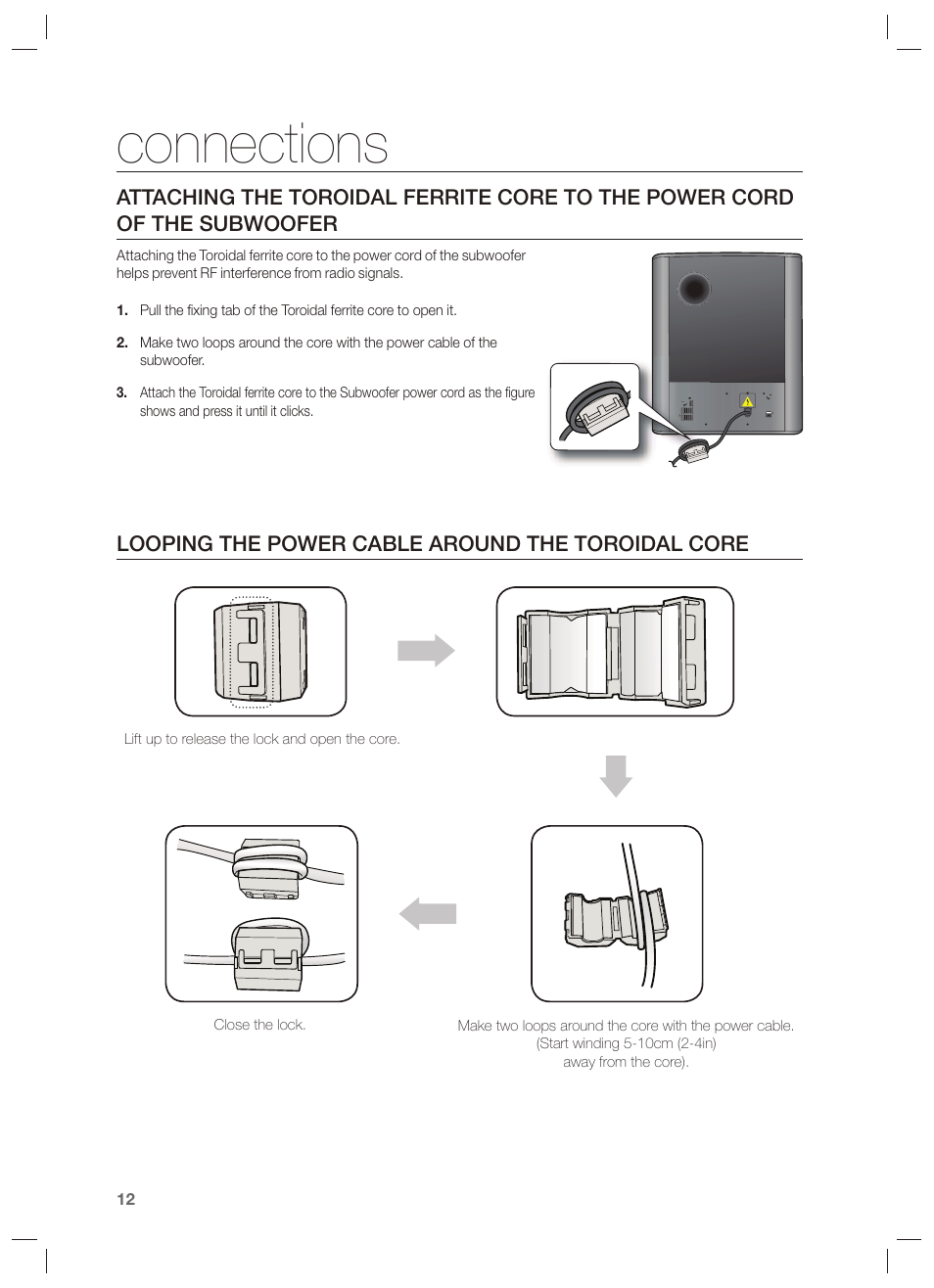 Looping the power cable around the toroidal core, Connections | Samsung HW-F551-ZA User Manual | Page 12 / 26