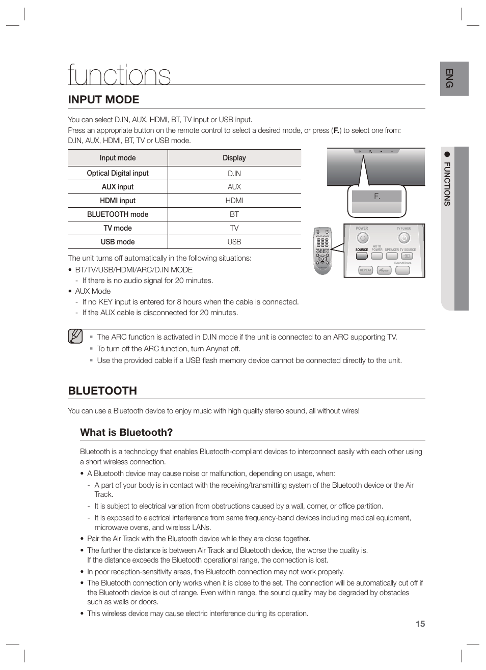 Functions, Input mode, Bluetooth | What is bluetooth | Samsung HW-F551-ZA User Manual | Page 15 / 26