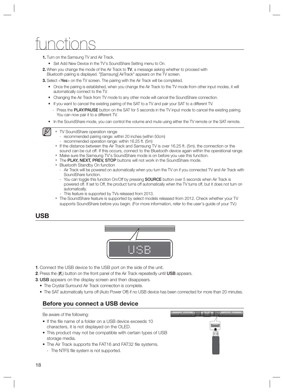 Functions, Before you connect a usb device | Samsung HW-F551-ZA User Manual | Page 18 / 26