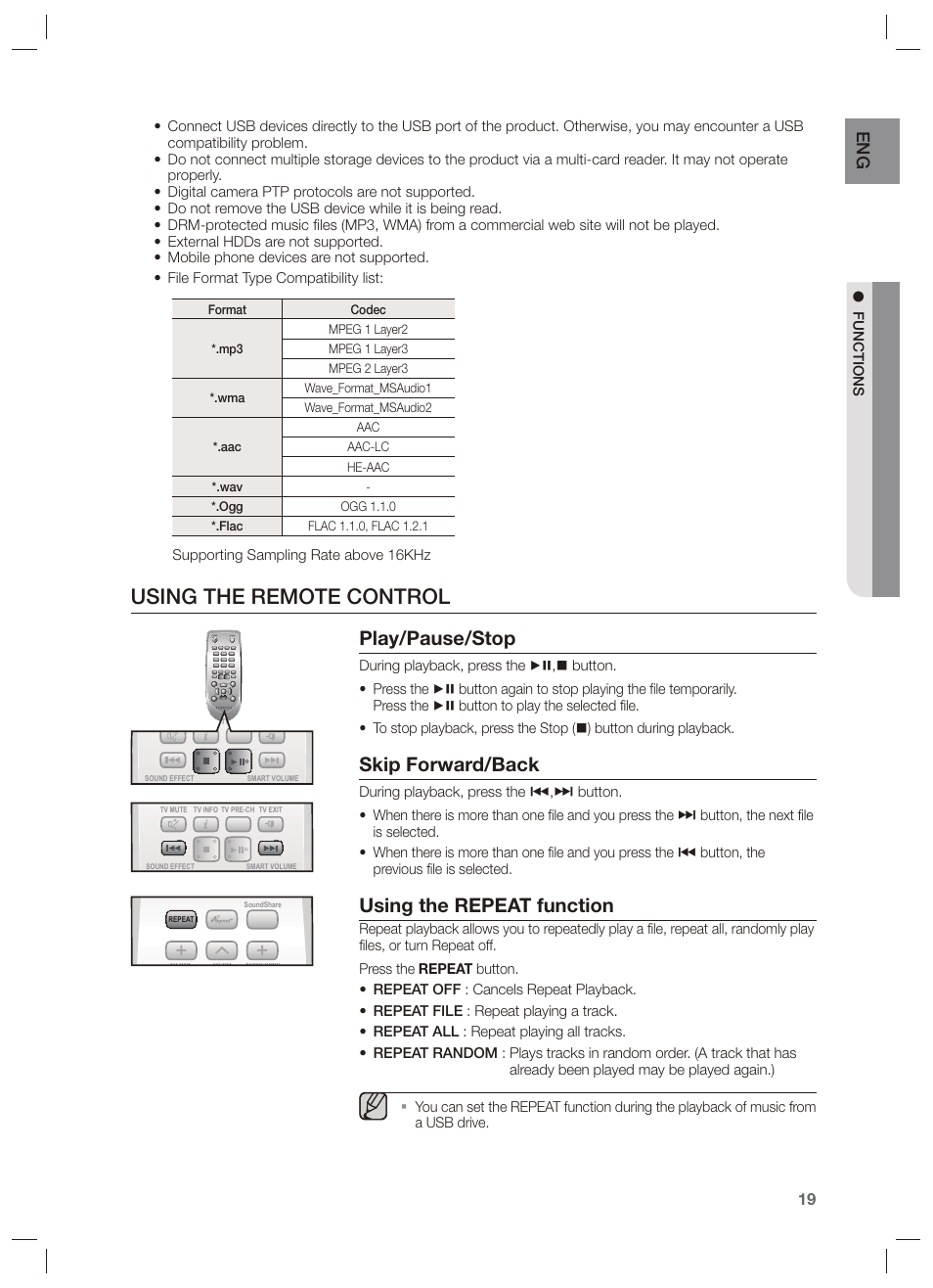 Using the remote control, Play/pause/stop, Skip forward/back | Using the repeat function | Samsung HW-F551-ZA User Manual | Page 19 / 26