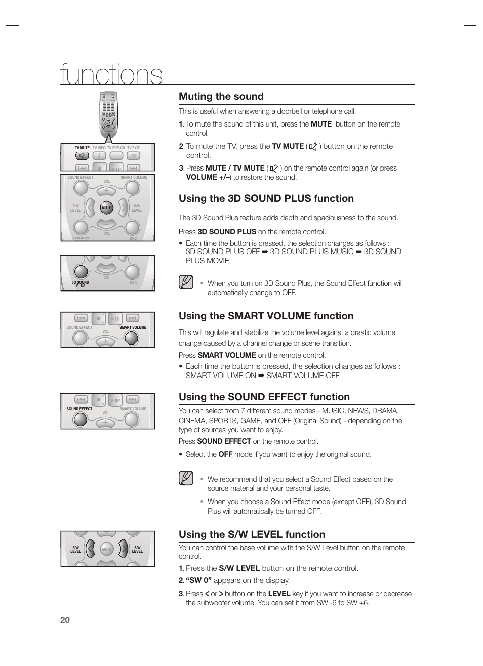 Functions, Muting the sound, Using the 3d sound plus function | Using the smart volume function, Using the sound effect function, Using the s/w level function | Samsung HW-F551-ZA User Manual | Page 20 / 26