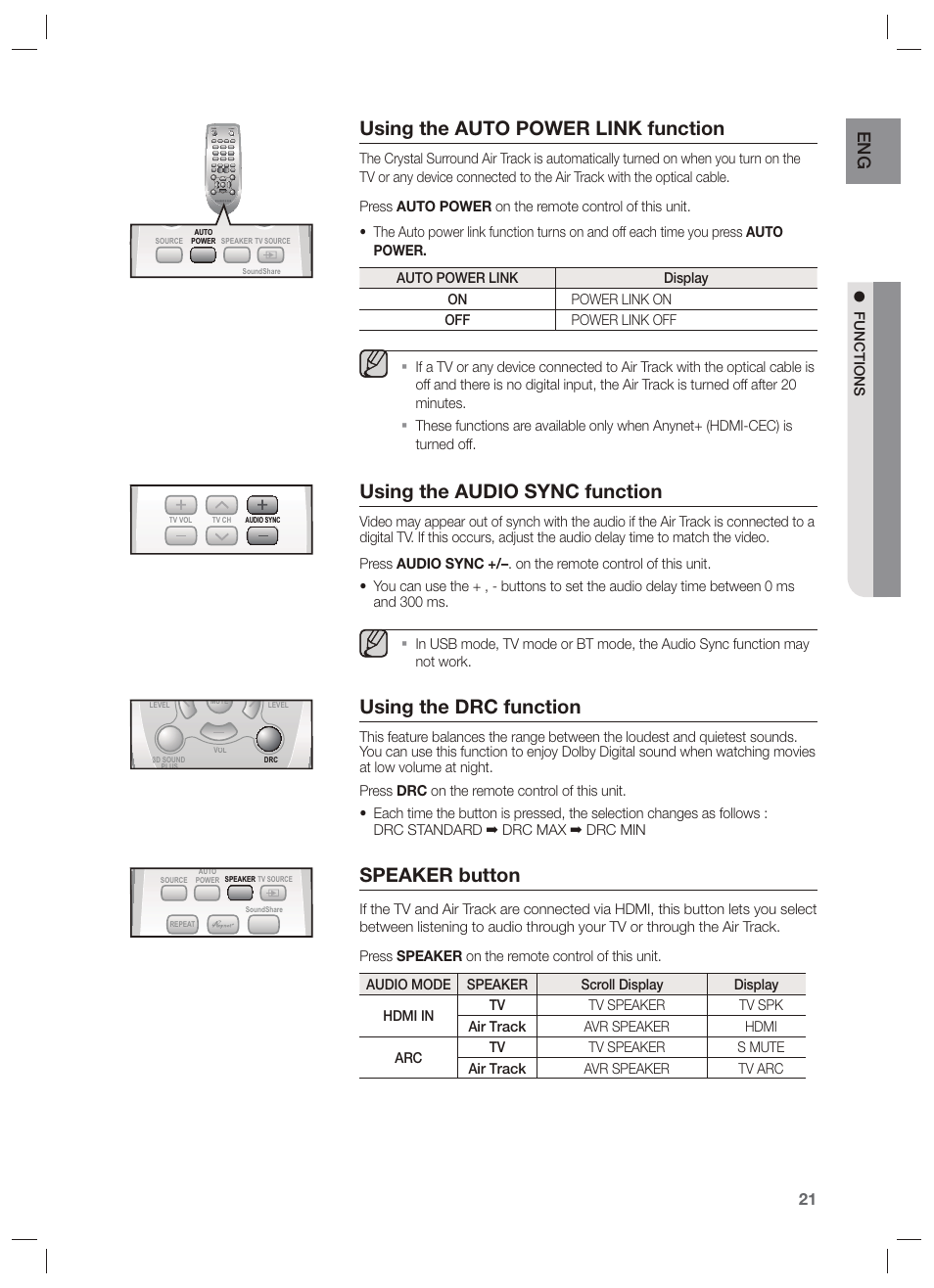 Using the auto power link function, Using the audio sync function, Using the drc function | Speaker button | Samsung HW-F551-ZA User Manual | Page 21 / 26