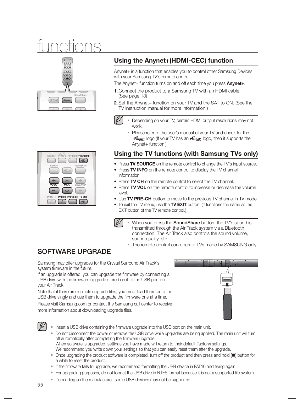 Software upgrade, Functions, Using the anynet+(hdmi-cec) function | Using the tv functions (with samsung tvs only) | Samsung HW-F551-ZA User Manual | Page 22 / 26