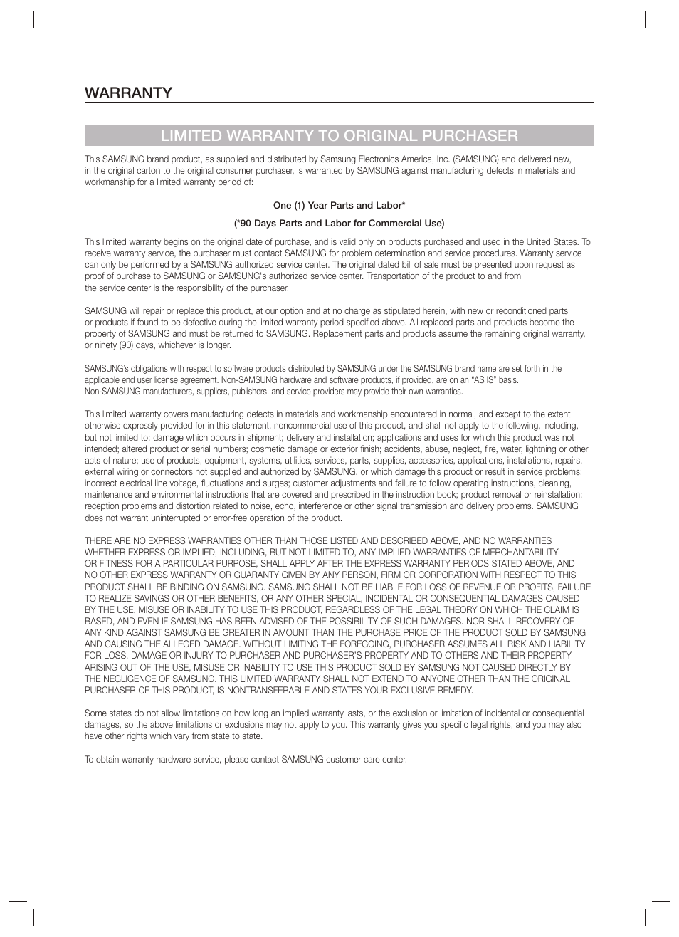 Warranty, Warranty limited warranty to original purchaser | Samsung HW-F551-ZA User Manual | Page 25 / 26