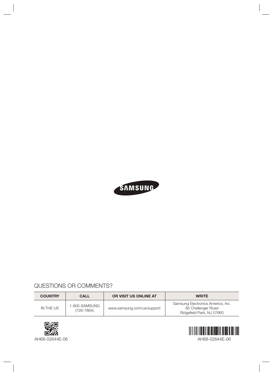 Questions or comments | Samsung HW-F551-ZA User Manual | Page 26 / 26