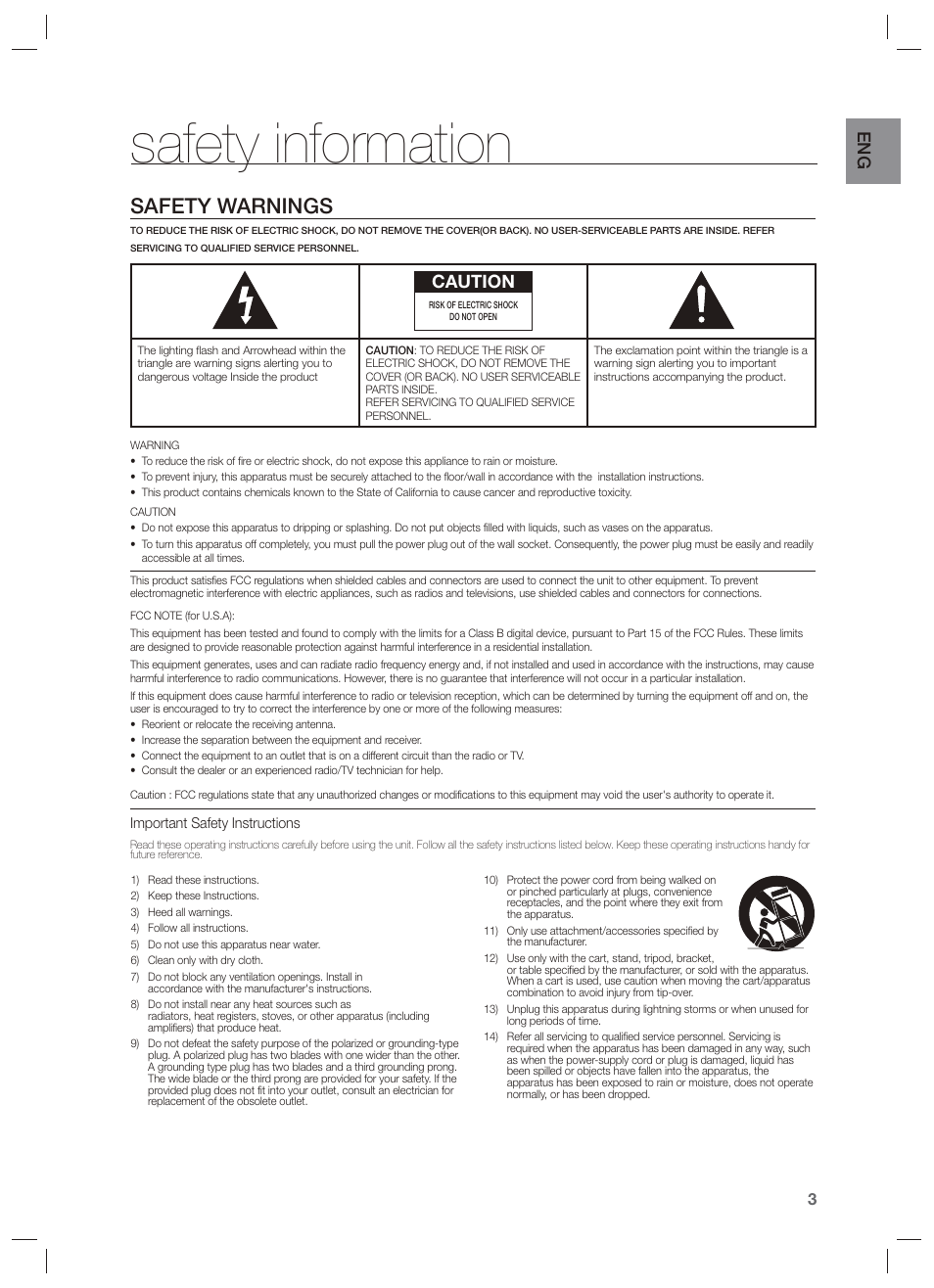 Safety information, Safety warnings, Caution | Samsung HW-F551-ZA User Manual | Page 3 / 26