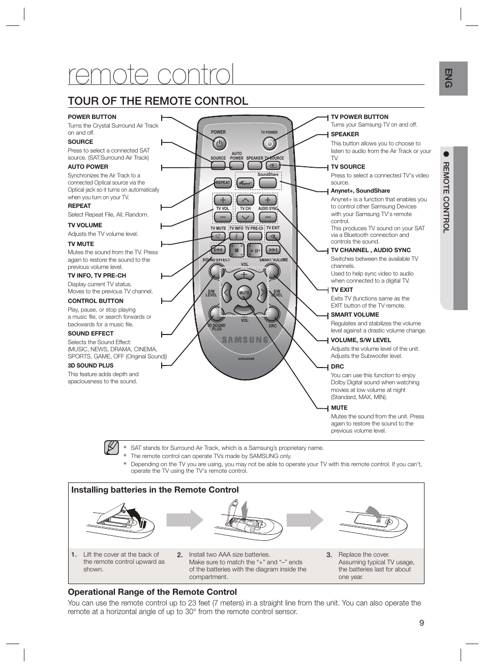 Remote control, Tour of the remote control, Installing batteries in the remote control | Operational range of the remote control | Samsung HW-F551-ZA User Manual | Page 9 / 26