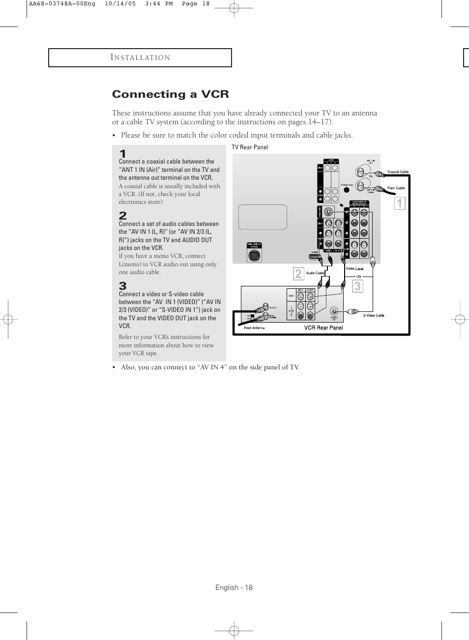 Connecting a vcr | Samsung TXR3081WHKXXAA User Manual | Page 18 / 80