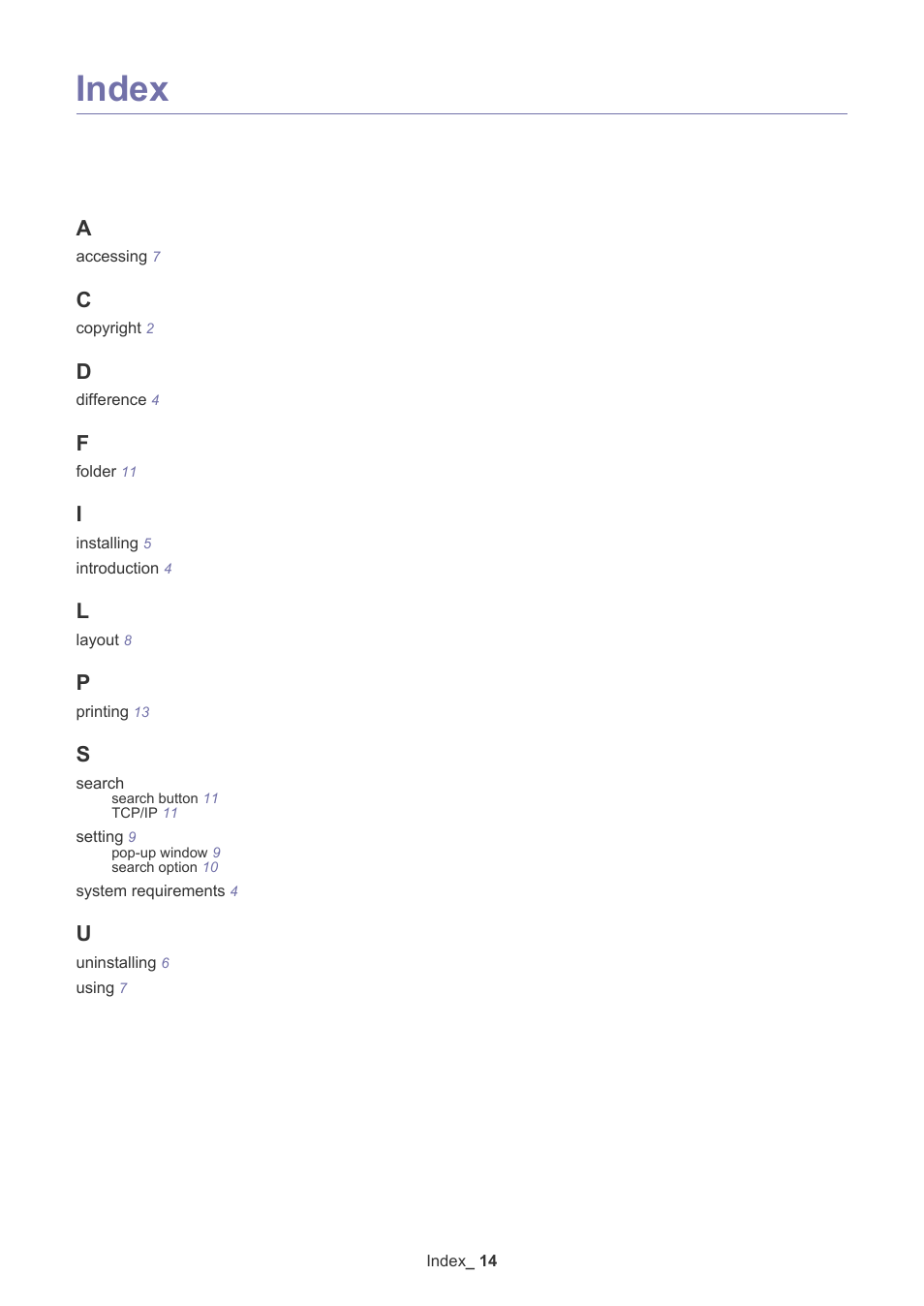 Index, Index/14 | Samsung CLP-670ND-XAA User Manual | Page 14 / 14