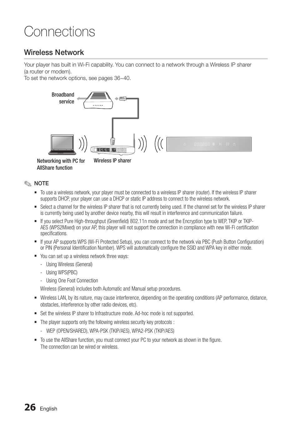 Wireless network, Connections | Samsung BD-D7000-ZA User Manual | Page 26 / 81