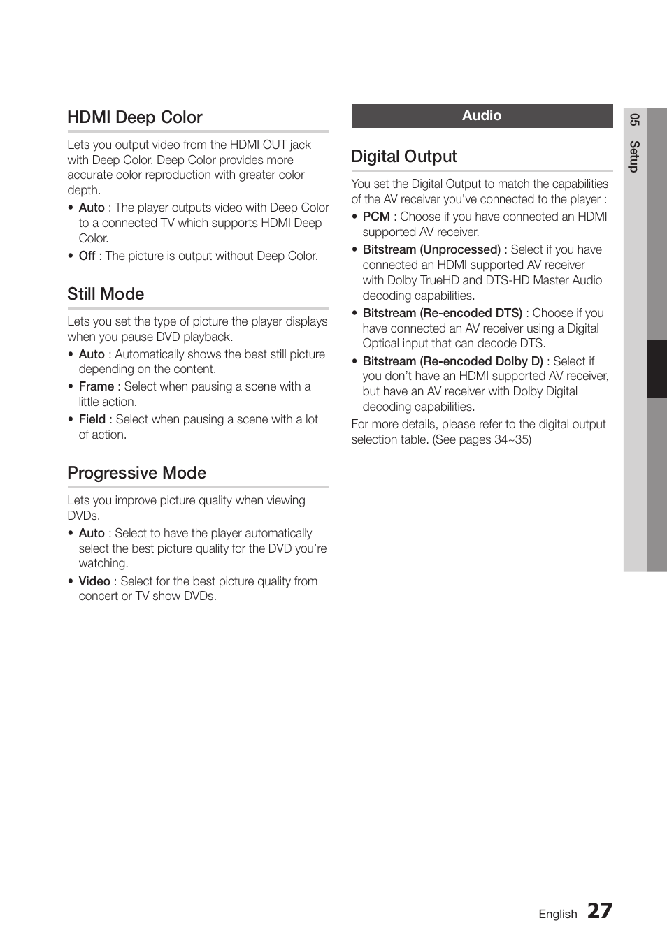 Hdmi deep color, Still mode, Progressive mode | Audio, Digital output, 33 audio | Samsung BD-D7000-ZA User Manual | Page 33 / 81