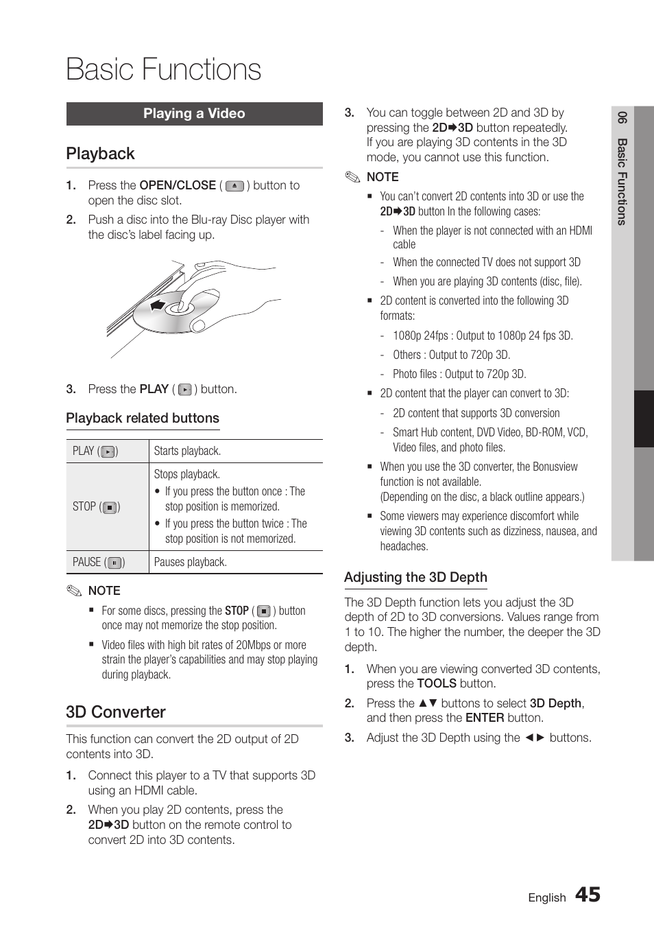 Basic functions, Playing a video, Playback | 3d converter, 45 playing a video, 45 playback | Samsung BD-D7000-ZA User Manual | Page 45 / 81