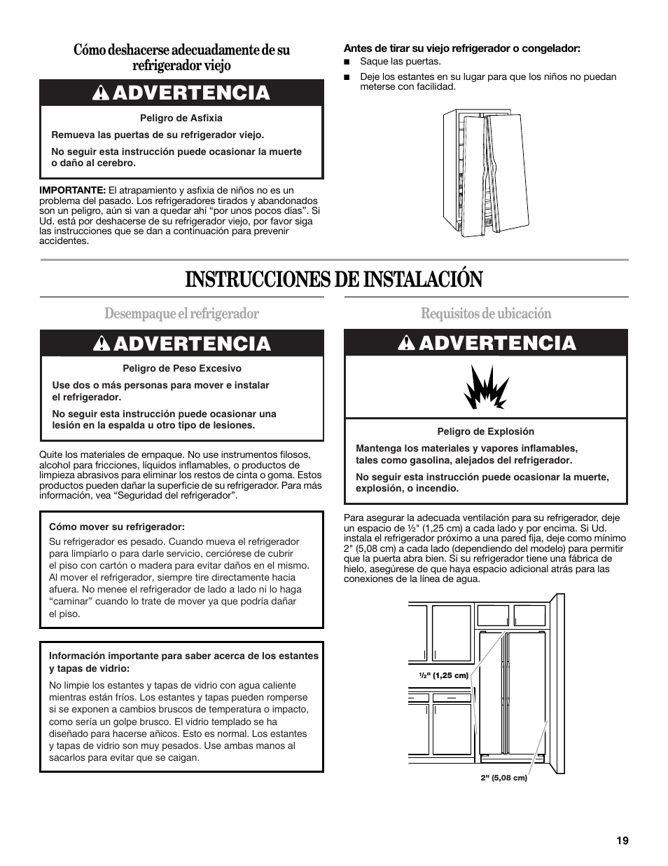 Instrucciones de instalación, Advertencia, Desempaque el refrigerador | Requisitos de ubicación | Amana W10237708A User Manual | Page 19 / 50