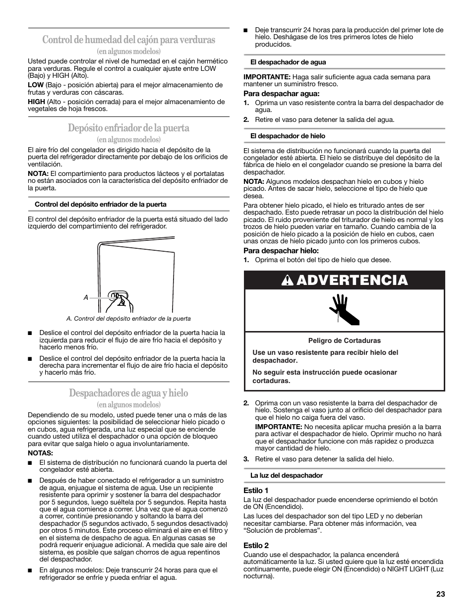 Advertencia, Control de humedad del cajón para verduras, Depósito enfriador de la puerta | Despachadores de agua y hielo | Amana W10237708A User Manual | Page 23 / 50