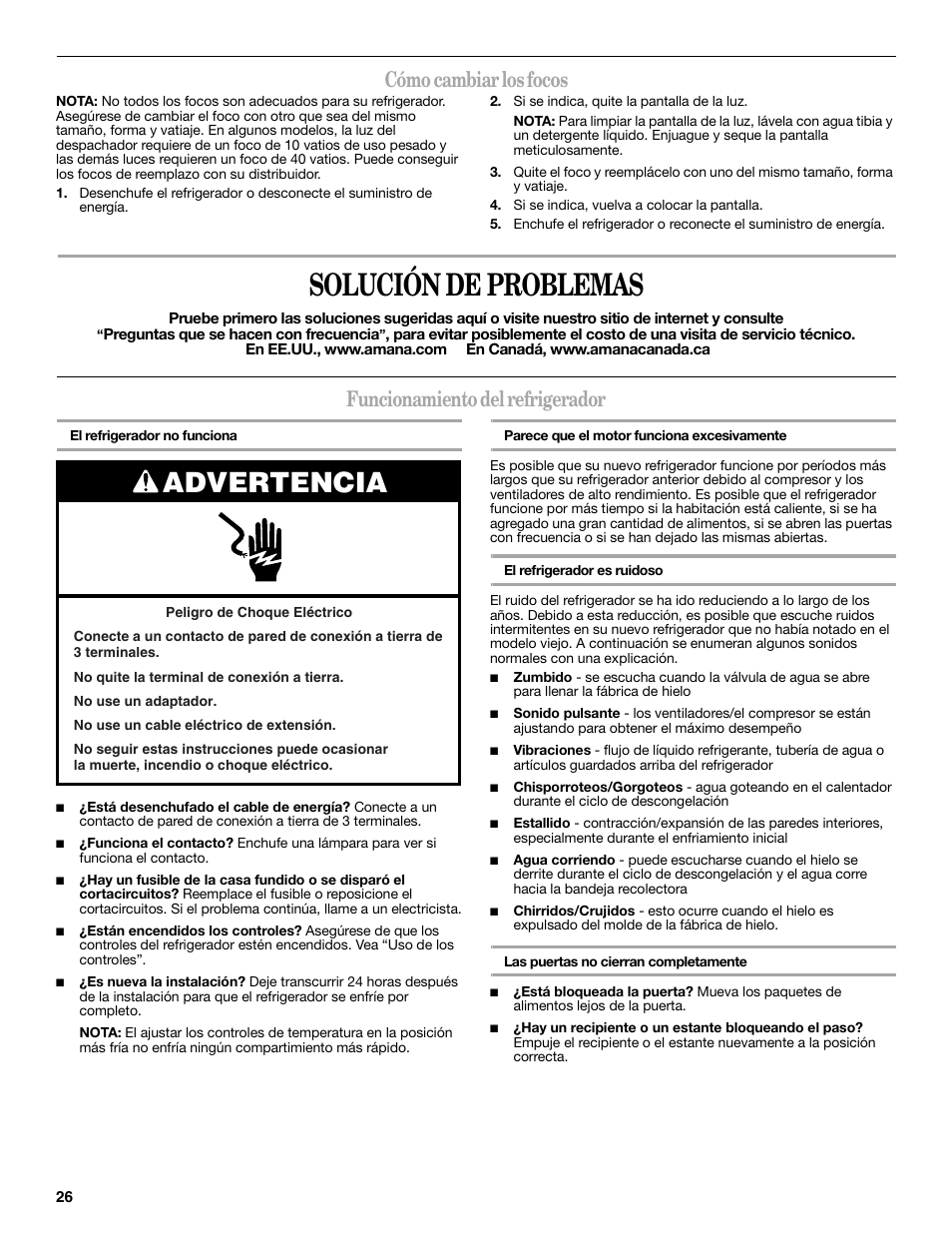 Solución de problemas, Advertencia, Cómo cambiar los focos | Funcionamiento del refrigerador | Amana W10237708A User Manual | Page 26 / 50