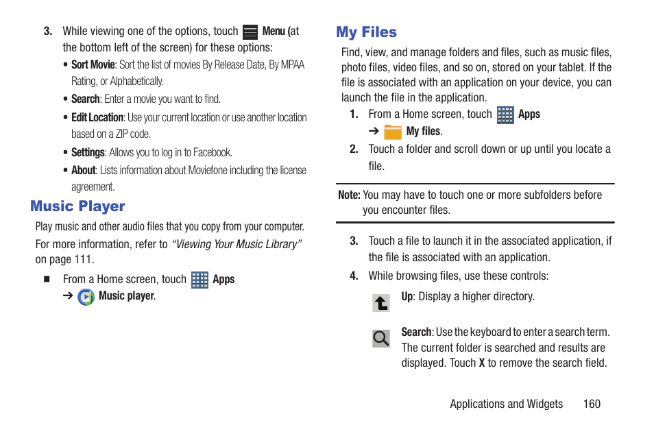 Music player, My files, Music player my files | Samsung GT-P6210MAEXAR User Manual | Page 165 / 262