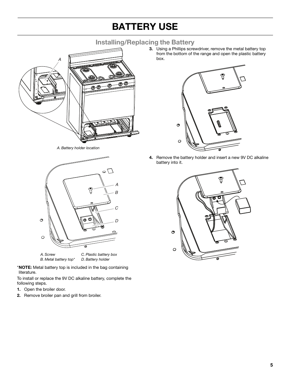 Battery use, Installing/replacing the battery | Amana STANDARD CLEANING GAS RANGE W10533015A User Manual | Page 5 / 16