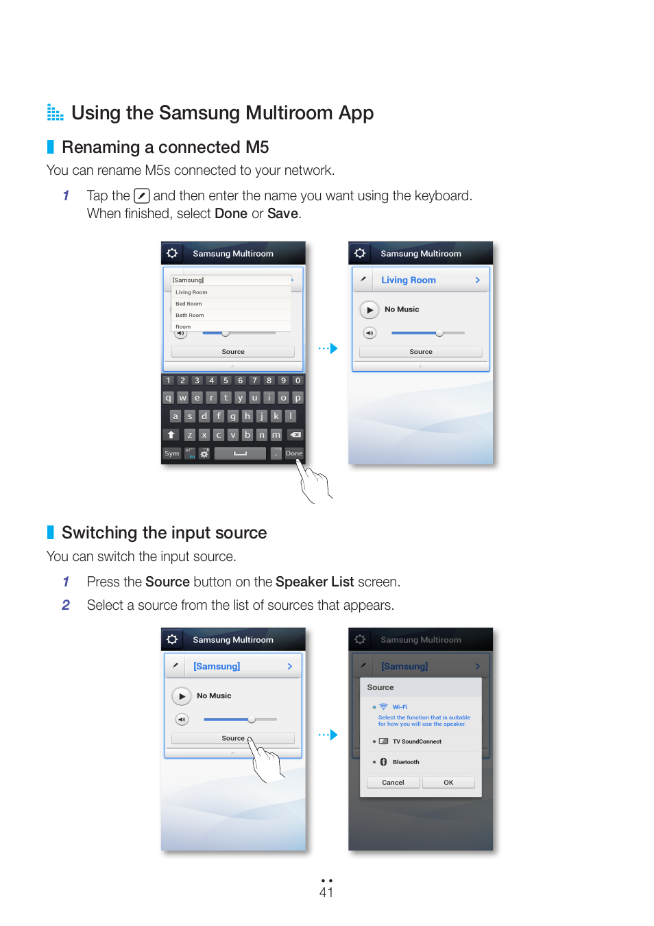 Using the samsung multiroom app, Renaming a connected m5, Switching the input source | Renaming a connected m5 switching the input source, A using the samsung multiroom app | Samsung WAM550-ZA User Manual | Page 41 / 70