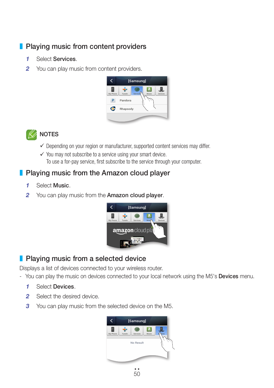 Playing music from content providers, Playing music from the amazon cloud player, Playing music from a selected device | Samsung WAM550-ZA User Manual | Page 50 / 70