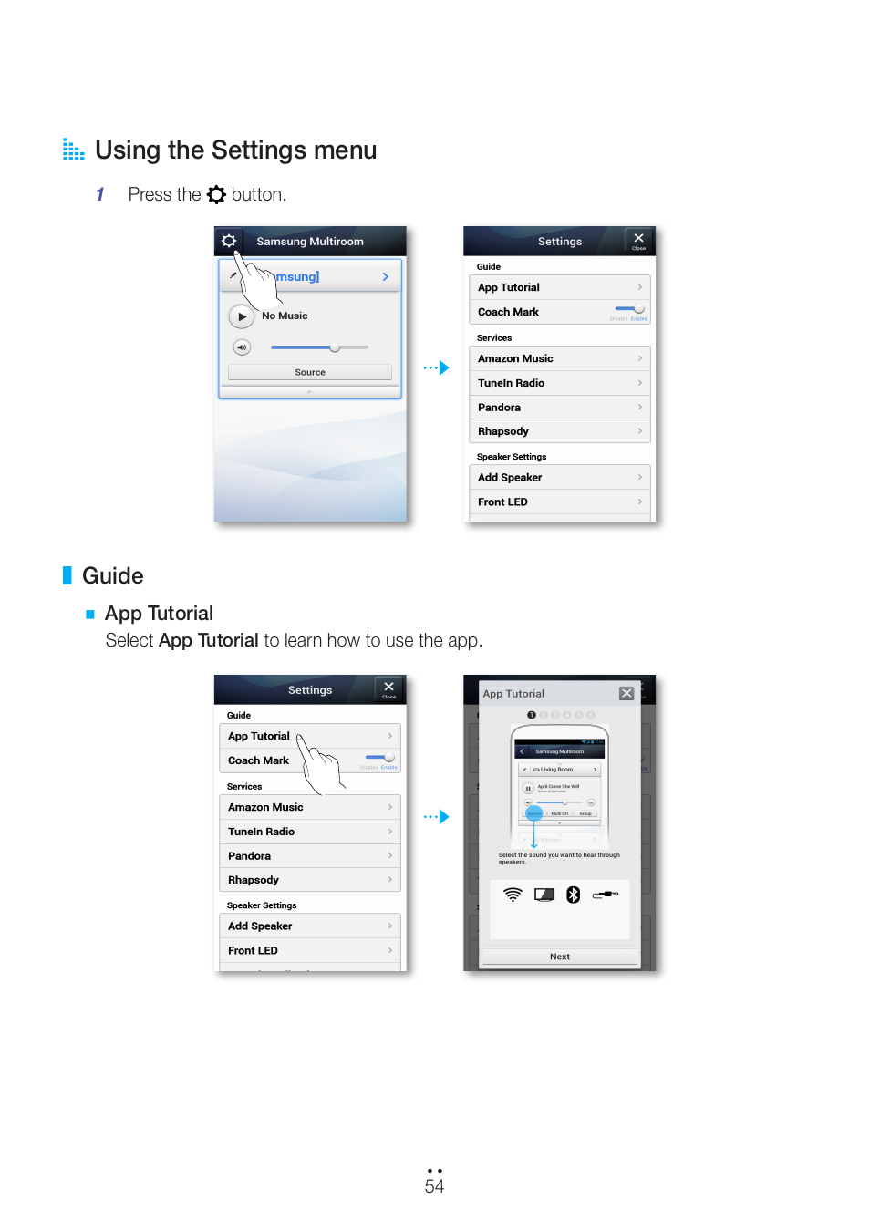 Using the settings menu, Guide, A using the settings menu | Samsung WAM550-ZA User Manual | Page 54 / 70