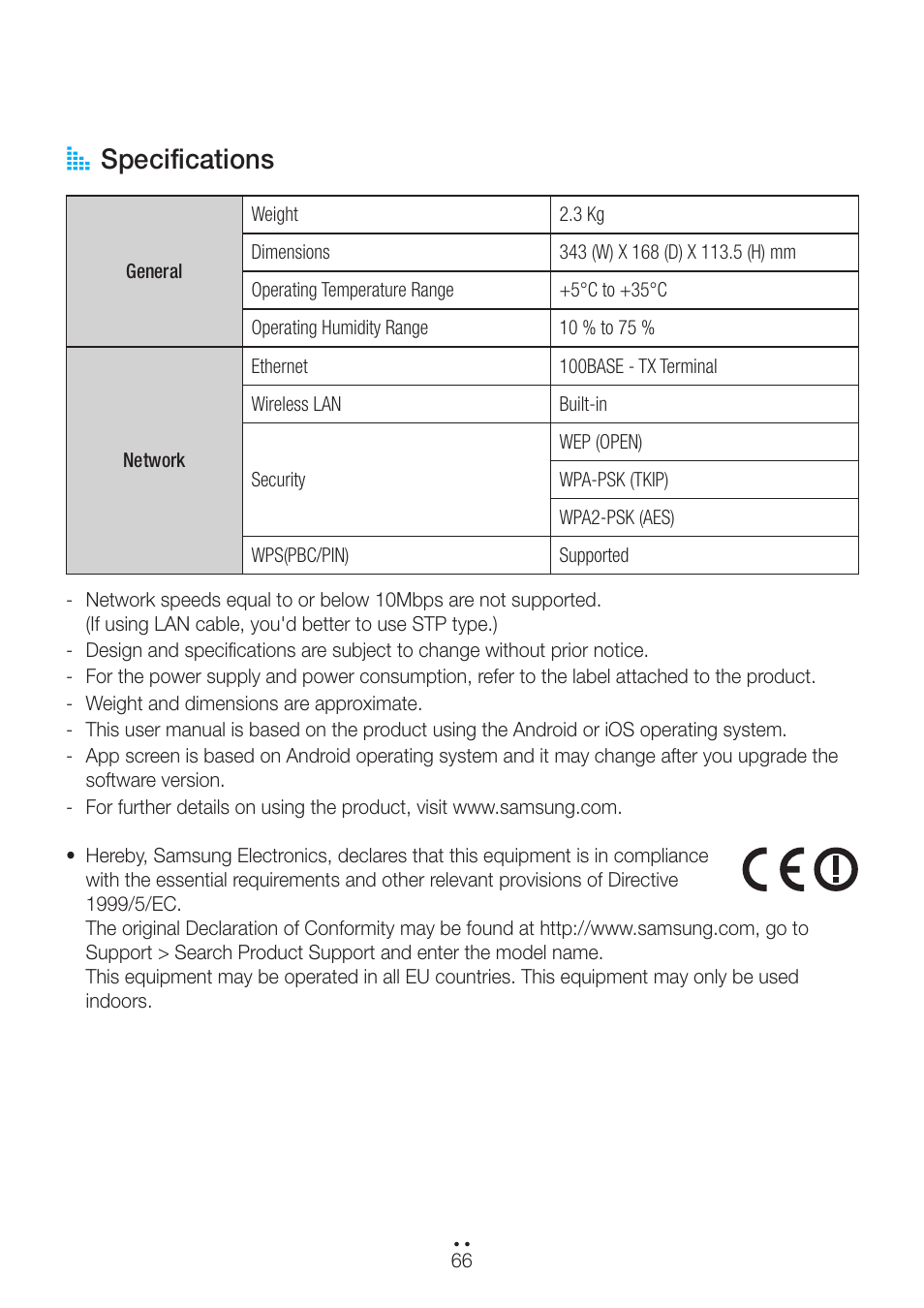 Specifications, A specifications | Samsung WAM550-ZA User Manual | Page 66 / 70