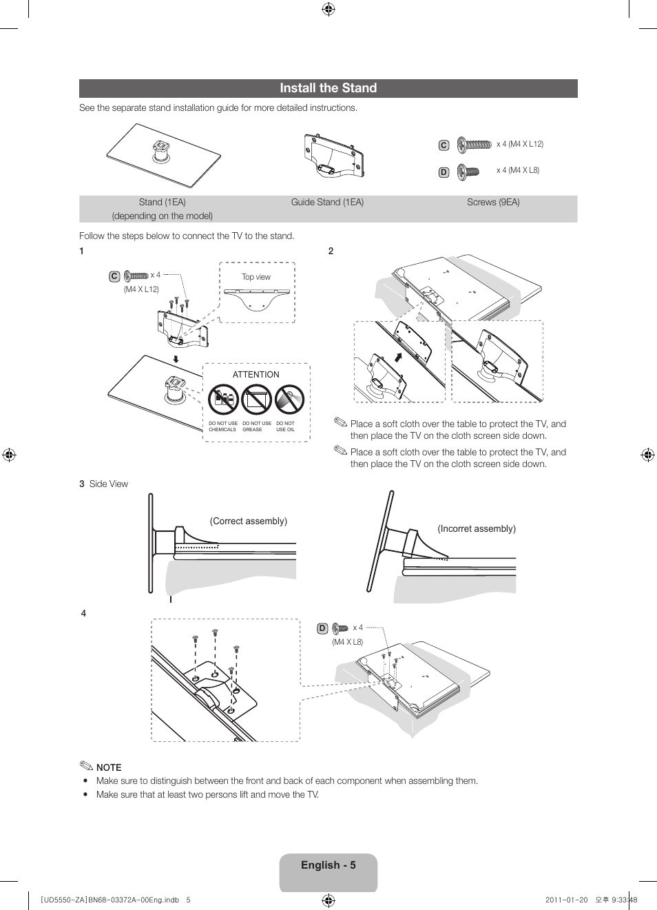 Install the stand | Samsung UN40D5550RFXZA User Manual | Page 5 / 22