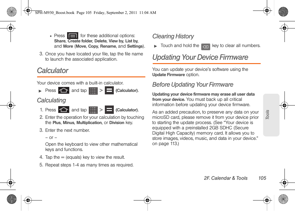Calculator, Calculating, Clearing history | Updating your device firmware, Before updating your firmware | Samsung SPH-M930ZKABST User Manual | Page 119 / 227
