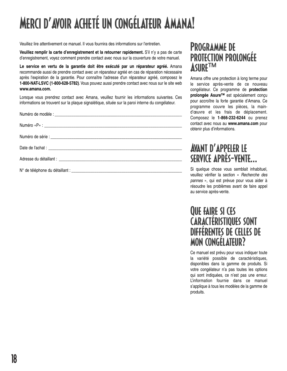 Merci d’avoir acheté un congélateur amana, Programme de protection prolongée asure, Avant d’appeler le service après-vente | Amana 1-82034-002 User Manual | Page 18 / 48