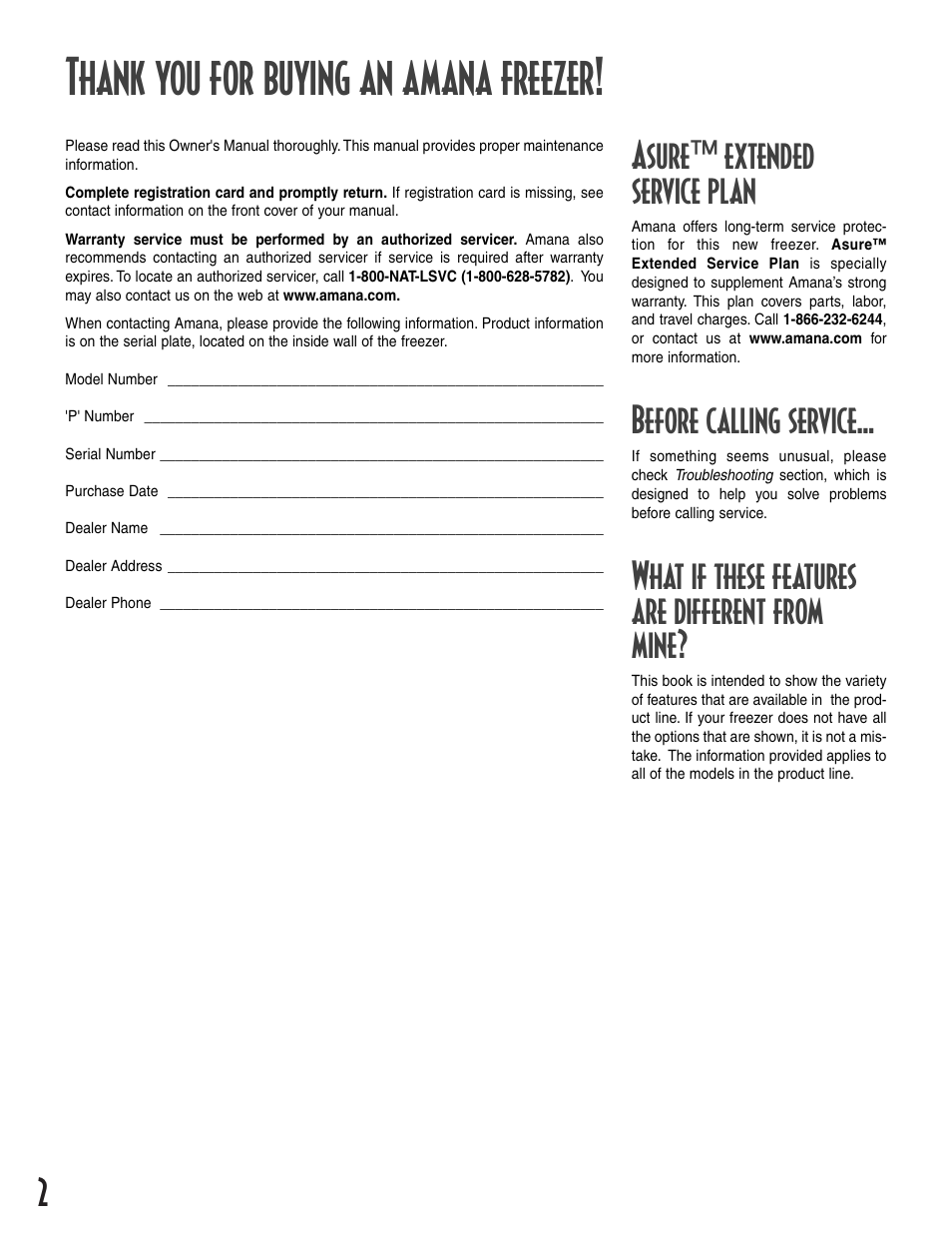 Asure™ extended service plan, Before calling service, What if these features are different from mine | Amana 1-82034-002 User Manual | Page 2 / 48