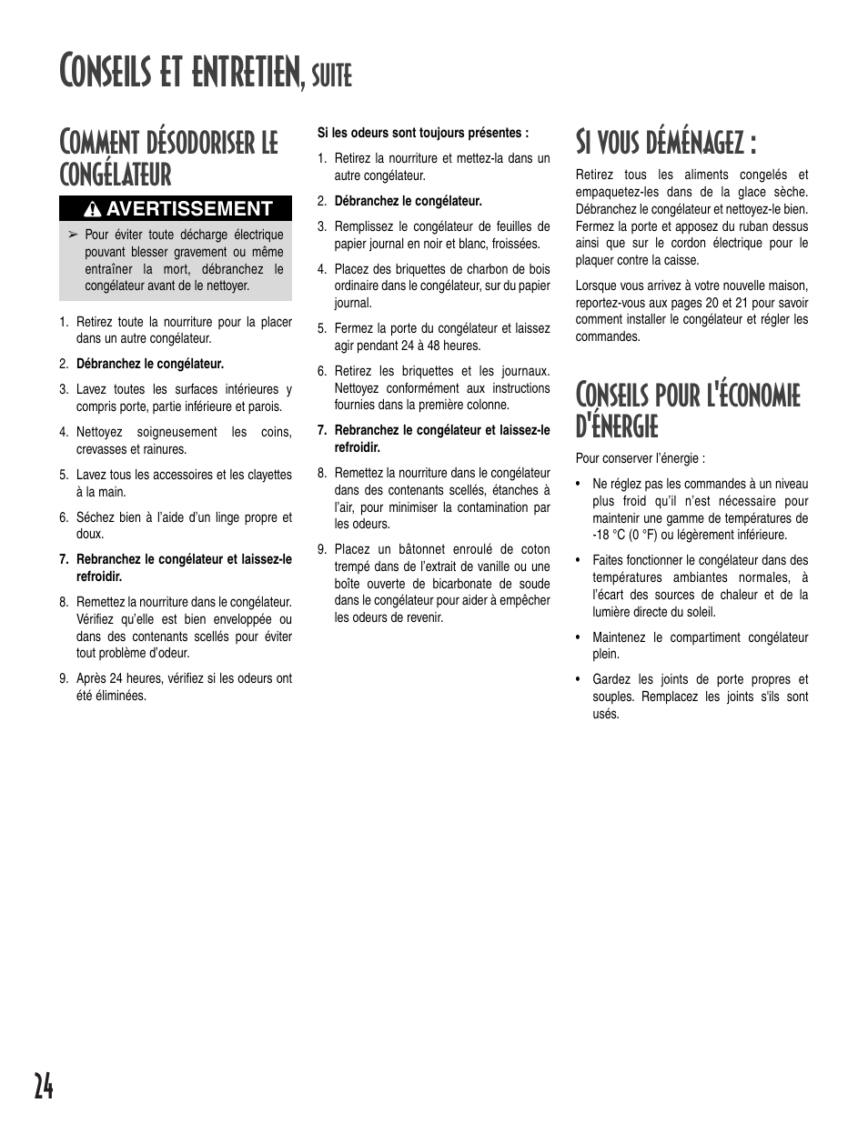Conseils et entretien, Suite comment désodoriser le congélateur, Si vous déménagez | Conseils pour l'économie d'énergie | Amana 1-82034-002 User Manual | Page 24 / 48